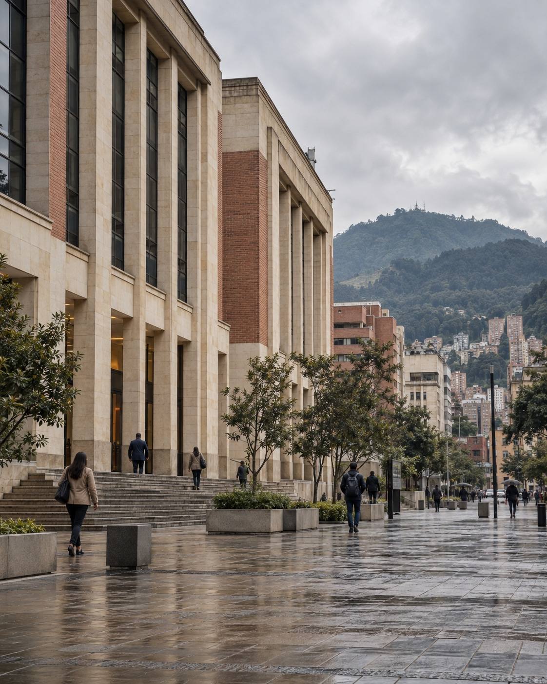 Escena ilustrativa: arquitectura urbana de Bogotá con una plaza y los cerros al fondo