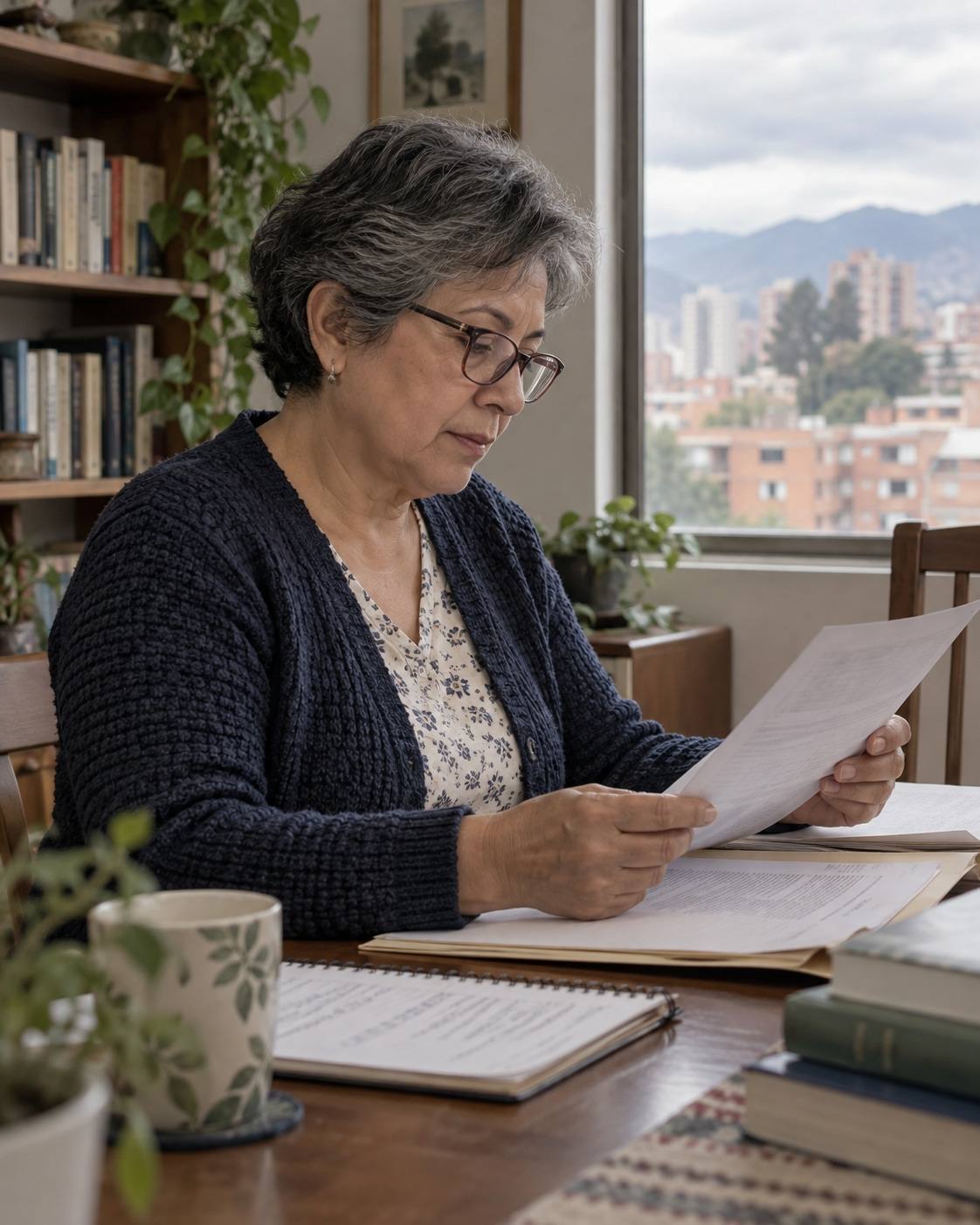 Escena ilustrativa: docente próxima a pensionarse revisa su historia laboral en casa