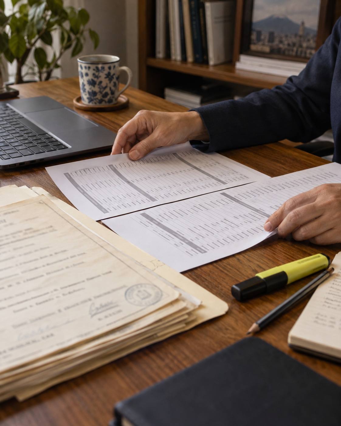 Escena ilustrativa: manos comparan registros de historia laboral y certificados sobre un escritorio