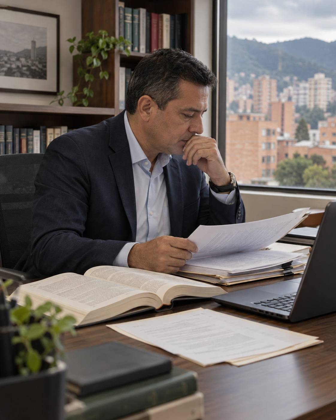 Escena ilustrativa: revisión de un expediente con un libro de consulta y un portátil